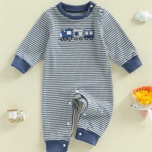 Toddler Boys Fall Striped Playsuit Long Sleeves and Train Embroidery